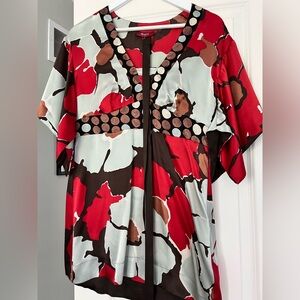 Silk Kimono Top with Red, Brown and Pale Green Pattern